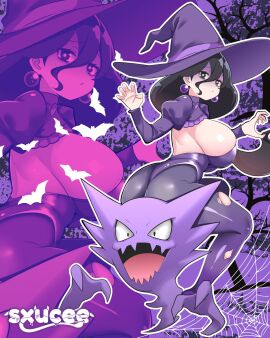 1girls ass big_breasts black_hair blush breasts dark_hair eyebrows female female_only game_freak hair_ornament haunter hex_maniac hex_maniac_(z-a) huge_breasts long_hair nervous nintendo occult_maniac occult_maniac_(z-a) pantyhose pokemon pokemon_xy purple_background purple_eyes purple_theme simple_background sxucee witch_costume witch_hat