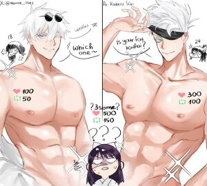 1girls 2boys age_difference before_sex clothed_female_nude_male female jujutsu_kaisen male muscular muscular_male nervous nude nude_male older_male_and_younger_female satoru_gojo surprised threesome utahime_iori white_hair