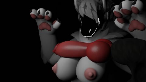 animal_genitalia anthro balls big_breasts big_penis breasts duo female fluffy fluffy_balls fur genitals grey_body grey_fur hi_res knot male male/female mamagen nude penis red_penis saimanz sheath surprise visor