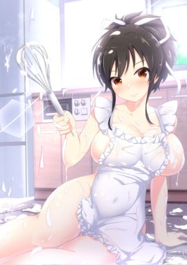 2024 apron areola_slip asuka_(senran_kagura) betterthanbone2 blush breasts brown_eyes brown_hair cabinet cleavage closed_mouth commentary covered_navel cream cream_on_body cream_on_breasts cream_on_face day embarrassed fallen_down female food food_on_face hair_ribbon highres holding holding_whisk kitchen large_breasts marvelous medium_hair messy_room naked_apron on_floor ponytail refrigerator ribbon senran_kagura short_ponytail sideboob sunlight tile_floor whisk white_apron white_ribbon window