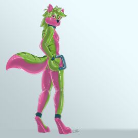 1:1 2021 4_fingers absurd_res ankle_cuffs anthro artist_name ass athletic athletic_anthro athletic_male backsack balls ballsack black_nose blue_eyes canid canine canis cheek_tuft collar cuff_(restraint) digitigrade dipstick_fingers elijahelegia facial_tuft feet fingers genitals glistening glistening_body green_body green_skin green_stripes grey_background hand_on_hip handle handles_on_hips head_tuft heterochromia hi_res latex latex_body latex_creature living_latex living_sex_doll looking_at_viewer looking_back low-angle_view male mammal mane multicolored_body neck_tuft nerox nude paws pink_body pink_skin raised_tail red_eyes restraints shaded signature simple_background slim smile solo standing stripes tail three-quarter_view toes tuft two-tone_body whisker_spots wolf wrist_cuffs yellow_sclera