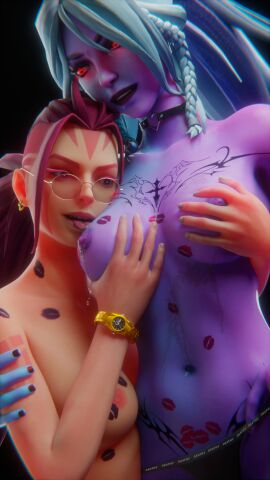 2girls 3d anti-mage_(wei) belly blender breast_sucking breasts choker deathy dota dota_2 drow_ranger female female_focus female_only glasses lipstick lipstick_mark lipstick_marks lots_of_lipstick_marks panties purple_hair purple_skin sloppy spit tattoo tattoo_on_chest tattoos white_hair wristwatch yuri