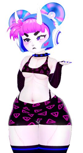 1girls 3d 3d_(artwork) ambiguous_species android animal_ears barely_contained_breasts black_nails blue_eyes boyshorts bra breasts caution_sign choker chubby compact_disc crop_top curvy curvy_female cybernetics female headgear headphones helmet heterochromia hi_res horns koikatsu long_gloves mouse mouse_girl mouse_humanoid multicolored_eyes oginaka original_character outline pink_eyes pink_hair rolling_eyes short_hair shorts shortstack solo solo_focus spiked_collar symbol-shaped_pupils thighhighs thong_straps transparent_background underboob vaporwave voluptuous white_outline y2k