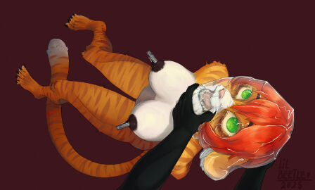 anthro asphyxiation bag bondage bound breasts collar duo felid feline felis female hanged hi_res lil_beetle male male/female mammal nipples nude open_mouth pantherine plastic plastic_bag struggling tiger