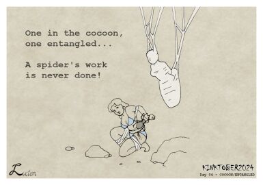 bikini bikini_bottom bikini_top bondage bound cleavage cocoon english_text female femsub kinktober line_art luctem partially_colored png spider spider_web text web_bondage