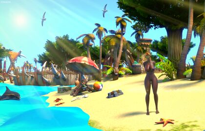 3d beach big_breasts blizzard_entertainment blonde_hair blood_elf breasts elf female green_eyes looking_at_viewer relaxing smile vinesenia warcraft world_of_warcraft