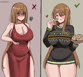 1girls big_breasts black_sweater blush breasts brown_hair chewing chocolate_chip_cookie christmas christmas_sweater cleavage closed_eyes clothed clothing cookie dress female female_only food green_eyes hair_between_eyes happy heart holding holding_cookie holding_food holidays large_breasts long_hair long_sleeves neet neet_girl_(noiretox) no_pants noiretox original panties pink_panties plump red_dress scratching scratching_belly sleeveless sleeveless_dress solo solo_female squiggle sweater underwear
