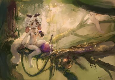 2024 2_horns 3_toes absurd_res ambiguous_feral ambiguous_gender anthro anthro_focus apode berry biped black_eyebrows black_nose bovid branch breasts caprine casual_nudity dated day detailed_background digitigrade domestic_cat duo eyebrows fangs feet felid feline felis female female_anthro female_focus feral floppy_ears fluffy fluffy_tail food forest fruit fur genitals goat grey_horn hair hi_res holding_berry holding_food holding_fruit holding_object horn hybrid in_tree jewelry jungle legless mabibabi mammal melee_weapon moss necklace nipples nude nude_anthro nude_female outside paws pink_ears pink_nipples plant pupils pussy rain_world short_hair signature sitting sitting_on_branch slit_pupils slugcat small_breasts solo_focus sword tail teeth toes tree videocult vines weapon white_body white_fur white_hair white_pussy white_tail yellow_eyes