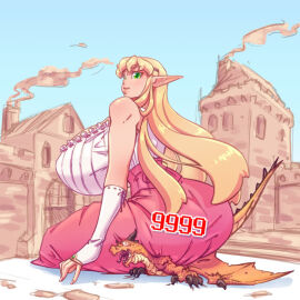 1girls ass big_ass breasts crush damage dragon dress elf elf_female elf_girl female femdom giantess huge_breasts large_breasts n647 original original_character princess sitting size_difference