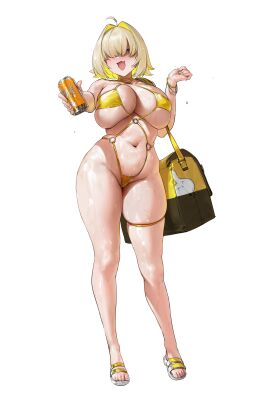 1girls 2d ahoge bag belly belly_button big_breasts bikini blonde blonde_hair bracelet breasts breasts_bigger_than_head busty chochomi chubby color colored curvaceous curvy curvy_body curvy_female curvy_figure digital_drawing_(artwork) drink elegg_(nikke) female female_focus female_only goddess_of_victory:_nikke huge_breasts long_legs looking_at_viewer midriff pov purple_eyes sandals solo standing thick_thighs thigh_strap thighs voluptuous wet white_background yellow_bikini yellow_hair