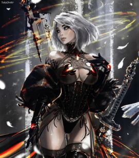1girls blue_eyes breasts cleavage curvaceous curvaceous_body curves curvy curvy_body curvy_female curvy_figure exposed_breasts female female_only hourglass_figure inner_sideboob light-skinned_female light_skin nier nier:_automata sideboob solo solo_female tattiart voluptuous voluptuous_female white_hair yorha_2b