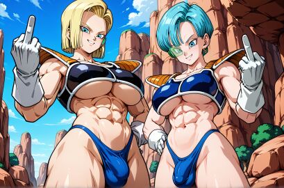 2futas ai_generated android_18 blonde_hair blue_eyes blue_hair bulge bulma_briefs dragon_ball dragon_ball_z futanari middle_finger