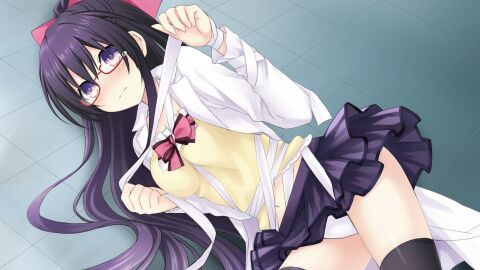 belly_button big_breasts black_thighhighs blush breasts closed_mouth coat date_a_live embarrassed female game_cg glasses hair_ribbon long_hair official_art on_the_floor panties purple_eyes purple_hair shiny_skin skirt skirt_lift thighhighs thighs tsunako white_panties yatogami_tohka zettai_ryouiki