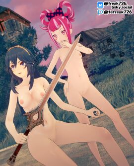 2girls 3d angry bangs bare_arms bare_legs bare_midriff bare_shoulders bare_thighs blue_eyes blue_hair collarbone completely_nude facial_mark facial_tattoo falchion_(fire_emblem) fefreak726 female female_only female_pubic_hair fire_emblem fire_emblem_awakening fire_emblem_engage hair_between_eyes hand_on_own_face hand_on_own_hip heart hortensia_(fire_emblem) house legs long_hair lucina_(fire_emblem) midriff multicolored_hair multiple_females multiple_girls nintendo nude nude_female open_mouth outdoors pink_eyes pink_hair pubic_hair pussy short_hair shoulders smile sunset sword symbol-shaped_pupils tattoo thighs tiara weapon