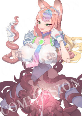 big_breasts blush bottomless breasts commission female fox_ears gloves green_eyes kitsune leotard nipples pink_hair pulled_to_side pussy pussy_juice robot_joints see-through see-through_clothing shuibaow smiling stockings tentacle tentacle_penetration tentacle_sex text thighhighs tie vaginal_penetration watermark