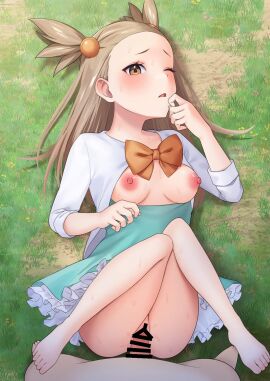 barefoot bow_tie breasts breasts_out brown_eyes brown_hair censored censored_penis censored_pussy closed_eye clothed_sex dress female grass hair_ornament jasmine_(pokemon) laying_on_ground long_hair long_sleeves looking_at_viewer male male_pokemon/female_human no_bra no_panties outdoor_sex outdoors partially_clothed partially_clothed_female penis pokemon pokemon_gsc pokephilia pussy shoichi_(artist) typhlosion vaginal_penetration