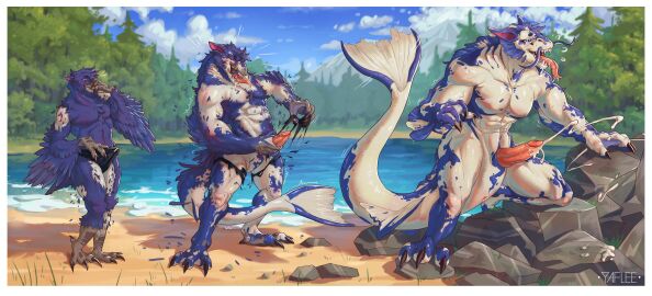 absurd_res amur_carp anthro avian bara beach bird blue_eyes bodily_fluids bottomwear carp claws clothing corvid corvus_(genus) crow cum cyprinid cypriniform fish forest genital_fluids genitals gills growth hi_res koi lake male marine masturbation muscular muscular_male open_mouth oscine outside passerine penis plant ripping saliva sand seaside sequence sky solo species_transformation swimwear tail tail_burst tears teeth tongue torn_bottomwear torn_clothing transformation tree typical_carp water wings yaflee yaoi