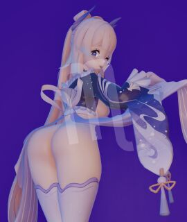 1girls 3d ass ass_focus blender blue_eyes butt_focus female genshin_impact happy hoyoverse mihoyo purple_background sangonomiya_kokomi simple_background sleeves solo solo_female the_michael thigh_highs thighhighs watermark