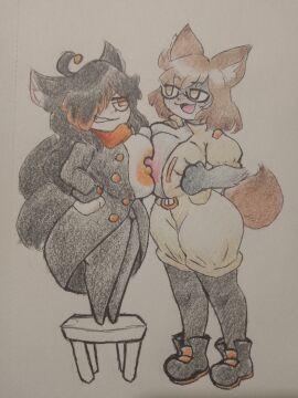 2girls big_areola big_breasts breasts breasts_bigger_than_head comparing comparing_breasts exposing_chest female fox_ears fox_girl fox_tail glasses huge_breasts looking_at_another multiple_females multiple_girls on_stool open_clothes open_jacket short_female shorts smaller_female squished_breasts squishing_breasts tall_female taller_female thatartistann