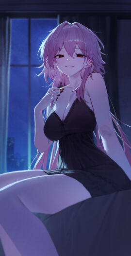 alternate_costume arm_behind_back bare_shoulders breasts cleavage evernight_(honkai:_star_rail) female hand_on_own_chest hand_up highres honkai:_star_rail honkai_(series) huhi_(huhi_1211) indoors long_hair looking_at_viewer march_7th_(honkai:_star_rail) parted_lips pink_hair red_eyes sitting smile solo thighs very_long_hair