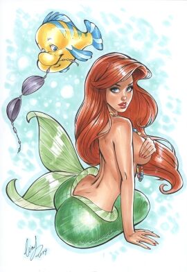 1girls 2014 ariel ariel_(the_little_mermaid) ass big_ass bra breasts covering_breasts disney elias_chatzoudis female flounder hand_on_breast hourglass_figure large_ass looking_at_viewer merfolk mermaid mermaid_tail necklace red_hair shell_bikini the_little_mermaid