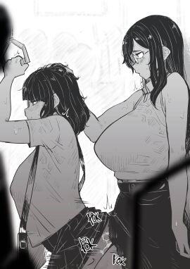 1futa 1girls ass big_ass big_breasts breasts exhibitionism female from_behind futa_on_female futanari glasses grabbing grabbing_from_behind grabbing_hair intersex mistimagi mistimagi_(character) pointy_ears public public_sex skirt skirt_lift skirt_up subway train train_interior yuri