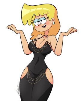autart big_breasts black_dress blonde_female blonde_hair breasts cartoon dress female lori_loud modakawa_dress the_loud_house thick_thighs voluptuous_female white_background white_body white_skin yellow_hair