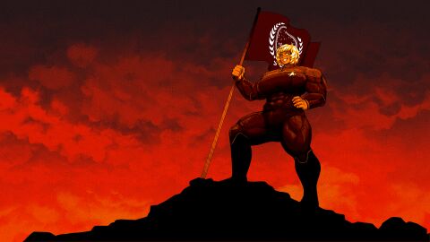 1girls action_pose biceps boots breasts clariarikari clothed clothing clouds combadge comic_book_style emmahe_wren facial_scar fangs female flag fully_clothed giantess golden_eyes hand_on_hip hi_res holding_flag huge_breasts human light_skin looking_at_viewer muscular muscular_female pale_skin partially_clothed propaganda simple_background smile solo solo_female star_trek stylized sunset uniform white_hair