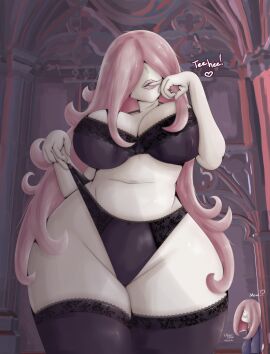 big_breasts covered_eyes hi_res highres huge_breasts huge_lips lingerie little_witch_academia long_hair milf mrs._manbavaran nobori pink_hair purple_hair sucy thicc thick_thighs