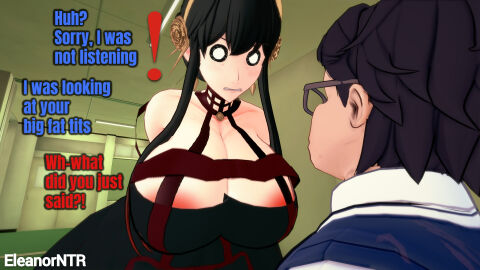 1boy 1girls 3d alternate_breast_size big_breasts breasts eleanor_ntr english_text fat_male female human hungry male netorare ntr one_female spy_x_family suprised text thorn_princess yor_briar yor_forger