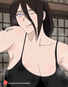 1girls after_bath agung911 almost_naked armpits arms_at_sides bare_chest bare_shoulders big_breasts blush boruto:_naruto_next_generations breasts brown_hair busty cleavage female female_only front_view huge_breasts hyuuga_hanabi licking_lips licking_own_lips looking_at_viewer naruto naruto_(series) one_eye_closed oppai patreon_username presenting presenting_breasts selfie sleeveless smile solo steam steaming_body sweat sweatdrop sweating sweaty taking_picture taking_selfie tank_top teasing teasing_viewer upper_body url very_long_hair voluptuous watermark web_address wet wet_body wet_skin wink
