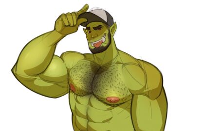 1boy abs bara beard biceps green-skinned_male green_body green_skin hairy_chest looking_at_viewer male male_nipples male_only muscular muscular_male nipples nude orc orc_male pecs pointy_ears skayous solo solo_male teeth teeth_visible tusks yaoi