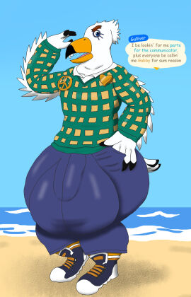 alythewolfcat animal_crossing anthro avian beach big_bulge bird buckteeth bulge clothing detailed_bulge english_text femboy genital_outline gull gulliver_(animal_crossing) hi_res huge_bulge hyper hyper_bulge josefumi_kujo lari larid male nintendo penis penis_outline solo sweater teeth text topwear wide_hips