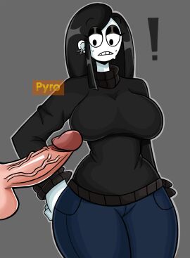 1boy 1girls big_penis big_thighs black_hair breasts busty clothed clothed_female_nude_male curvy_figure disembodied_penis ear_piercing earrings erection eyelashes female female_focus fully_clothed genitals goth grey_background hair huge_cock imminent_sex jeans large_penis light-skinned_female light-skinned_male light_skin long_hair looking_at_penis male pale-skinned_female pale_skin party_hat_pyro penis penis_out piercing plain_background simple_background someone_else's_oc standing straight sweater turtleneck turtleneck_sweater veronica_(saltynoodles) white_body