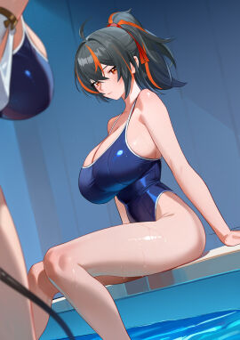 2girls absurdres ahoge alternate_costume black_hair blue_one-piece_swimsuit breasts closed_mouth competition_swimsuit female hair_ribbon high_ponytail highres jane_doe_(zenless_zone_zero) large_breasts looking_at_viewer mouse_tail multicolored_hair multiple_females multiple_girls one-piece_swimsuit ponytail pool red_eyes red_hair ribbon sideboob sitting soaking_feet streaked_hair swimsuit tail thighs water wet yueyueyue_yao zenless_zone_zero zhu_yuan