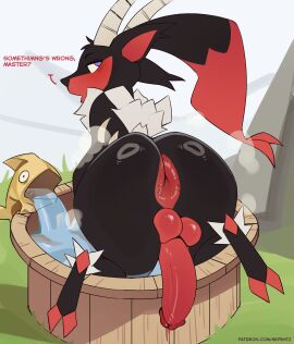 absurd_res anthro anus ass backsack balls ballsack bathing big_ass big_butt bodily_fluids bottom_heavy cock-tail curvy curvy_figure dripping english_text femboy fur furry genital_fluids genitals girly glistening grass hi_res hooves horn humanoid_genitalia humanoid_penis incineram looking_at_viewer looking_back looking_back_at_viewer male nature nepentz nude outside pal_(species) palworld penis plant pocketpair precum precum_drip puffy_anus question_mark rear_view solo teapot_(body_type) text thick_thighs water wide_hips