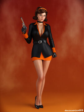 1960s 3d 60s belt big_breasts breasts brown_hair cate_archer choker cleavage_cutout coat dress duesentrieb earrings female gloves gun headband heels makeup no_one_lives_forever pistol secret_agent short_hair solo_female spy