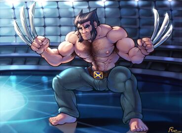 abs armpit_hair bara beard biceps bulge claws clothing d-prime248 flaccid hairy_chest logan_(x-men) male male_nipples male_only male_pubic_hair marvel marvel_comics muscular muscular_male nipples pecs penis penis_outline pubic_hair rho_art solo solo_male wolverine_(x-men) x-men yaoi