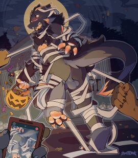 absurd_res anus backsack balls ballsack bandage blush candy dessert feet food genitals halloween hi_res holidays humiliation jack-o'-lantern male mummy_wrappings pawpads paws recording silveredge