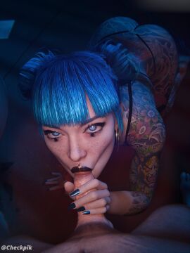 1boy 1girls 2024 3d 3d_(artwork) ass ass_up blowjob blue_eyes blue_hair checkpik cheri_nowlin cyberpunk_2077 double_bun fellatio female foreskin full_body_tattoo fully_retracted_foreskin grabbing_penis hand_on_penis looking_at_viewer looking_up male on_knees penis pov retracted_foreskin tattoo tattooed_arm tattoos tattoos_everywhere uncircumcised yakuza_tattoo
