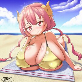 1girls beach breasts female feuerz gold_bikini horns huge_breasts ilulu_(dragon_maid) kobayashi-san_chi_no_maidragon looking_at_viewer red_eyes red_hair self_upload