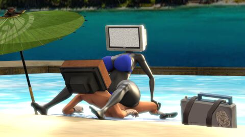 3d android ass beach big_ass big_breasts breasts female grey_skin partially_clothed robot_humanoid scout_(team_fortress_2) team_fortress_2 thick_thighs tv_head