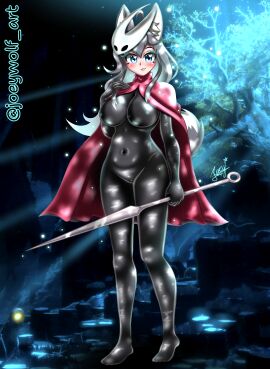 1girls big_breasts black_bodysuit blue_eyes bodysuit cosplay grey_fur grey_hair happy holding_weapon hollow_knight hollow_knight:_silksong hornet_(hollow_knight) hornet_(hollow_knight)_(cosplay) husky joey_wolf koda_(joey_wolf) light-skinned_female light_skin long_hair mask mask_on_head red_cape seductive_body seductive_look spear weapon white_skin wolf_ears wolf_girl wolf_tail
