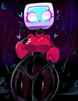 1girls black_body black_bodysuit black_latex blush bodysuit bodysuit_under_clothes breasts eyelashes eyes_open female female_focus female_only fingerless_gloves gazericc glistening hand_on_breast heart heart_symbol humanoid latex latex_suit looking_at_viewer medium_breasts miyu_(rox_hoxten) open_mouth red_sweater rox_hoxten screen_face shiny_clothes shiny_latex shiny_skin slim_waist smile smiling smiling_at_viewer solo solo_female solo_focus sweater thick_thighs thighs tight_clothing tv tv_head wide_hips