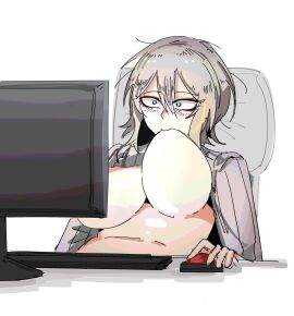 1girls arczaeon bags_under_eyes bored breasts computer computer_chair faust_(limbus_company) female gaming holding_mouse_(computer) huge_breasts limbus_company mouse_(computer) official_alternate_hairstyle pc project_moon self_breast_sucking shirt_lift sitting sitting_on_chair solo the_one_who_grips_faust_(limbus_company) traced upper_body yandere