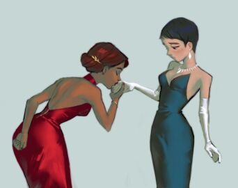 2girls artist_request blue_dress carmen_sandiego carmen_sandiego_(2019) carmen_sandiego_(franchise) chocolate_and_vanilla dark-skinned_female dark_skin dress duo earrings female female_focus female_only gloves jewelry julia_argent julia_argent_(carmen_sandiego) kissing kissing_hand lesbian light-skinned_female light_skin long_hair multiple_females multiple_girls necklace opera_gloves red_dress short_hair skinny skinny_female skinny_waist wholesome yuri