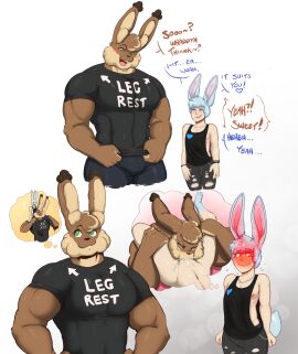 abs animal_humanoid anthro biceps black_clothing black_shirt black_topwear blush bottomwear brown_body brown_fur bulge clothed clothing duo english_text evan_(bouncingbunnyboy) fellatio fur green_eyes hi_res human humanoid inner_ear_fluff lagomorph lagomorph_humanoid larger_anthro larger_male leporid leporid_humanoid male male/male mammal mammal_humanoid misunderstanding mocha_latte_love muscular muscular_male nipples on_top oral pants pecs penile penis rabbit rabbit_humanoid sabbasarts sex shirt simple_background size_difference smaller_human smaller_humanoid smaller_male t-shirt text thick_thighs thought thought_bubble thoughts topwear torn_bottomwear torn_clothing torn_pants tuft
