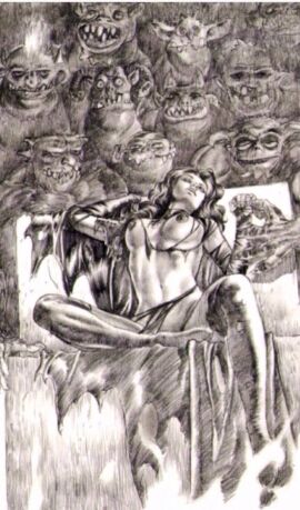1girls breasts female gene_espy goblin goblin_queen_(x-men) madelyne_pryor marvel marvel_comics monochrome monster nipples pencil_(artwork) solo_focus torn_clothes traditional_media_(artwork) x-men