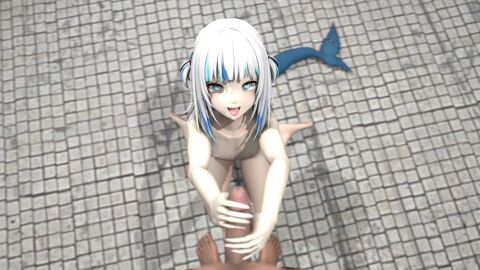 1boy 1girls 3d female gawr_gura hololive hololive_english hololive_myth kneeling male penis shark shark_tail stroking stroking_penis virtual_youtuber