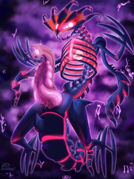 absurd_res bodily_fluids dragon electricity eternatus generation_8_pokemon genital_fluids genitals glowing glowing_body glowing_eyes glowing_genitalia glowing_penis hi_res knot knotted_penis legendary_pokemon lightning low-angle_view male mythological_creature mythological_scalie mythology nintendo ovipositor_penis penis pokemon pokemon_(species) scalie solo xanthor